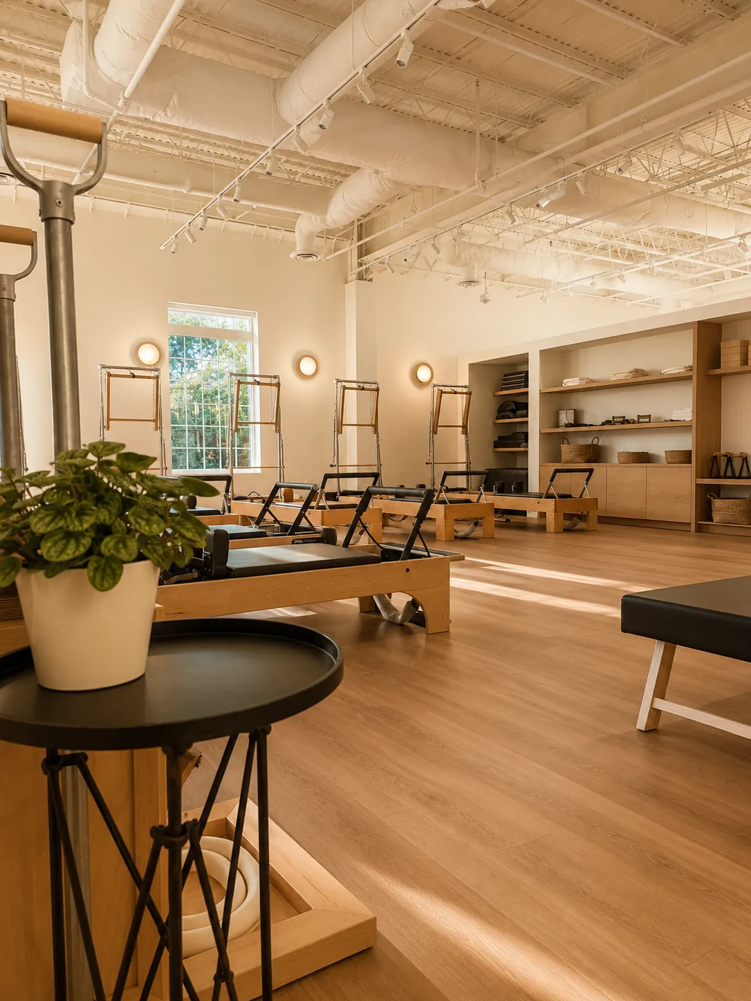 Bright Pilates studio with reformers at Great Falls Movement Center.