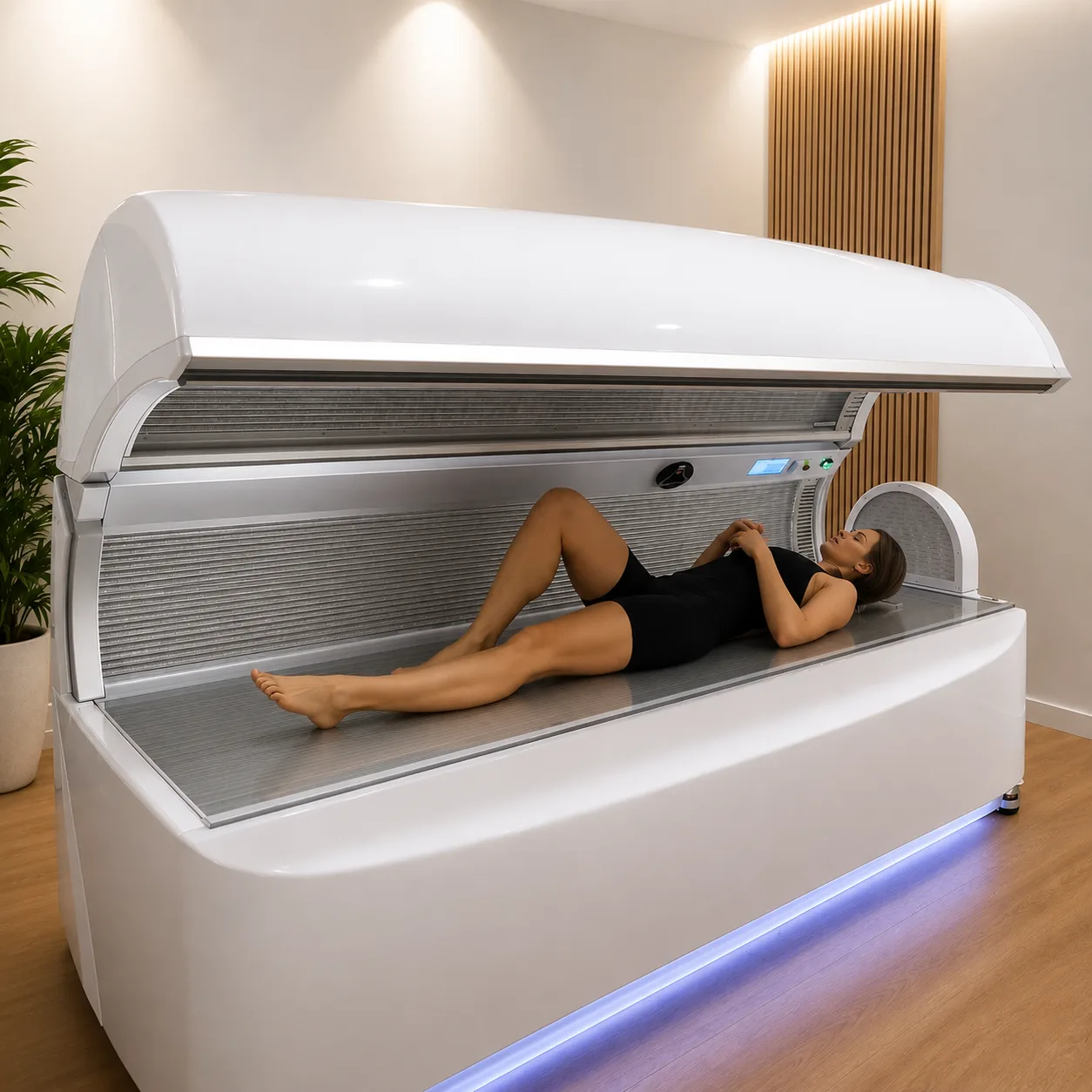 Client relaxing in a full-body red light therapy bed at Great Falls Movement Center.